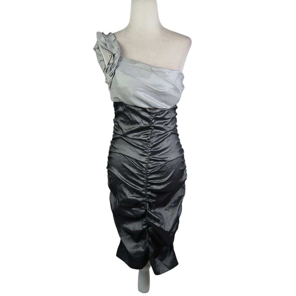 Vintage Y2K Hailey Shiny Grey Taffeta Ruched Bodycon One Shoulder Party Dress 8
